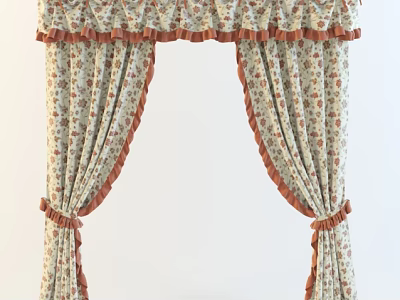 Elegant Ruffled Curtains with Floral Pattern and Brown Trim Valance 3d model