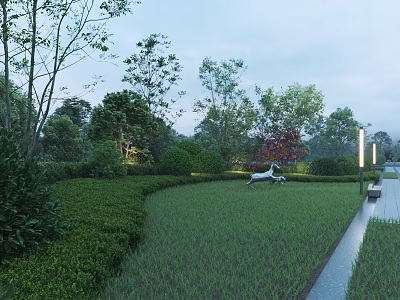Park Landscape With Green Lawn Trimmed Shrubs Trees White Deer Sculpture Pathway And Evening Lighting 3d model