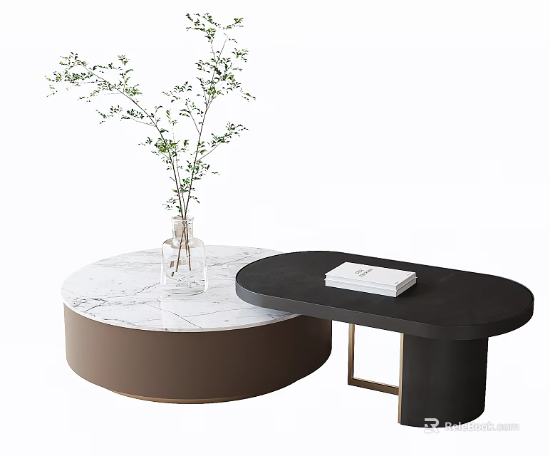 Round Black Coffee Tables With Marble Top Brown Base Glass Vase Green Plant And Book 3d model 