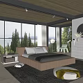 Modern Bedroom Interior With Wooden Ceiling Large Windows Trees Outside Leather Bed And Rug