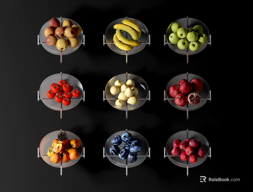 Assorted Fresh Fruits Display With Various Types Arranged In Glass Bowls 3d model 