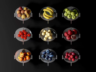 Assorted Fresh Fruits Display With Various Types Arranged In Glass Bowls 3d model