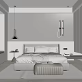 Modern Minimalist Bedroom Interior With Bed Upholstered Ottoman Wall Sconces And Built In Cabinets