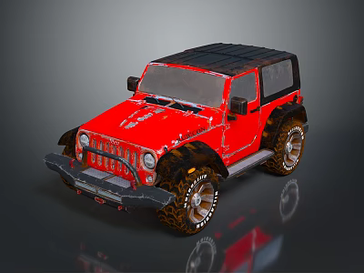 Red Off Road Jeep Style Vehicle With Black Roof Open Top And Large Tires 3d model