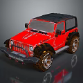 Red Off Road Jeep Style Vehicle With Black Roof Open Top And Large Tires