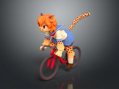 Cat Eared Girl With Leopard Tail Riding Red Bicycle In Sailor Uniform 3d model