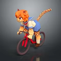 Cat Eared Girl With Leopard Tail Riding Red Bicycle In Sailor Uniform