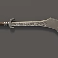 Ornate Medieval Weapon With Silver Carved Blade Brown Handle And Metal Accents