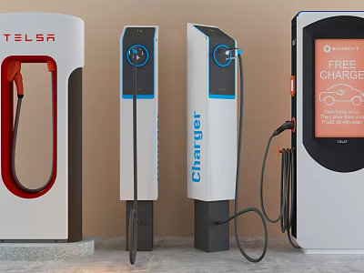 Modern Electric Vehicle Charging Stations Including Tesla Charger And Free Charge Screen 3d model