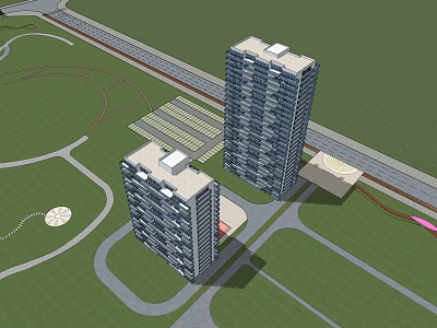 High Rise Office Buildings With Green Lawn Surrounding Roads And Adjacent Structures 3d model