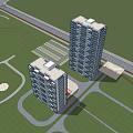 High Rise Office Buildings With Green Lawn Surrounding Roads And Adjacent Structures