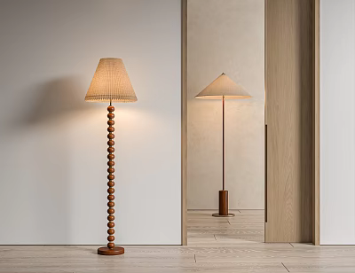 Wooden Floor Lamps with Spiral Pole and Light Shades in Indoor Setting with Mirror Reflection 3d model