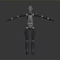 Metallic Silver Game And Movie Robot Character With Arms Outstretched Standing On Gray Background