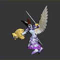 Fantasy Game Warrior Character With Golden Wings Red Horns Silver Armor And Lion Head Sword