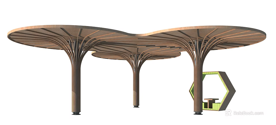 Wooden Pergola With Wavy Canopy And Supporting Columns Near Hexagonal Seating Area 3d model 