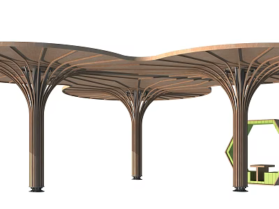 Wooden Pergola With Wavy Canopy And Supporting Columns Near Hexagonal Seating Area 3d model