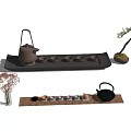 Natural Style Tea Set With Teapot Teacups Tray And Decorative Plants On Mat