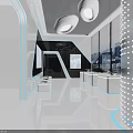 Modern Tech Exhibition Hall With White Blue Lines Display Counters Drone Exhibits Large Digital Screen