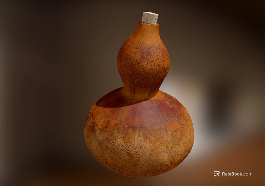 Vintage Brown Wooden Gourd Shaped Artistic Decorative Ornament Set With Carved Patterns 3d model 