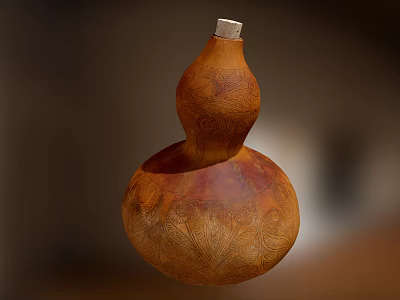 Vintage Brown Wooden Gourd Shaped Artistic Decorative Ornament Set With Carved Patterns 3d model