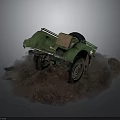 Green Military Style Old Car With Damaged Body Worn Tires On Muddy Ground