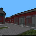 Ancient Chinese Architecture Complex With Red Walls Black Roofs Tall Pagoda And Open Stone Square