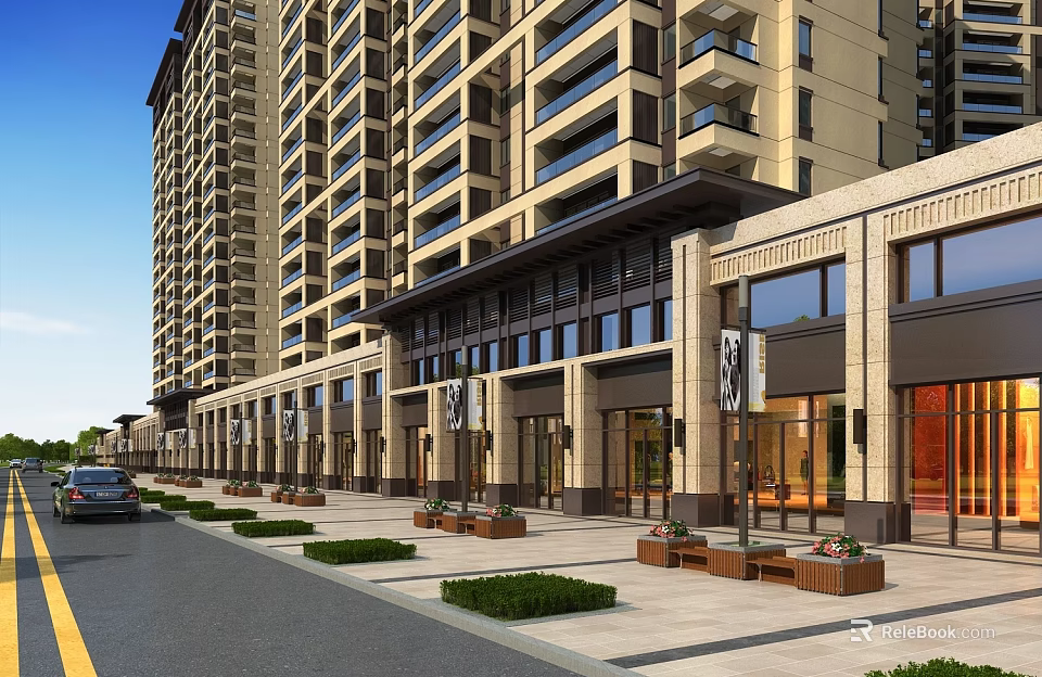Modern Commercial Street Lined with High Rise Buildings Stylish Storefronts Benches Greenery and Parked Cars 3d model 