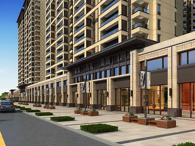 Modern Commercial Street Lined with High Rise Buildings Stylish Storefronts Benches Greenery and Parked Cars 3d model