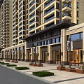 Modern Commercial Street Lined with High Rise Buildings Stylish Storefronts Benches Greenery and Parked Cars