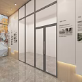 Modern Cultural Center Corridor With Glass Windows Marble Floor Wooden Ceiling And Display Wall
