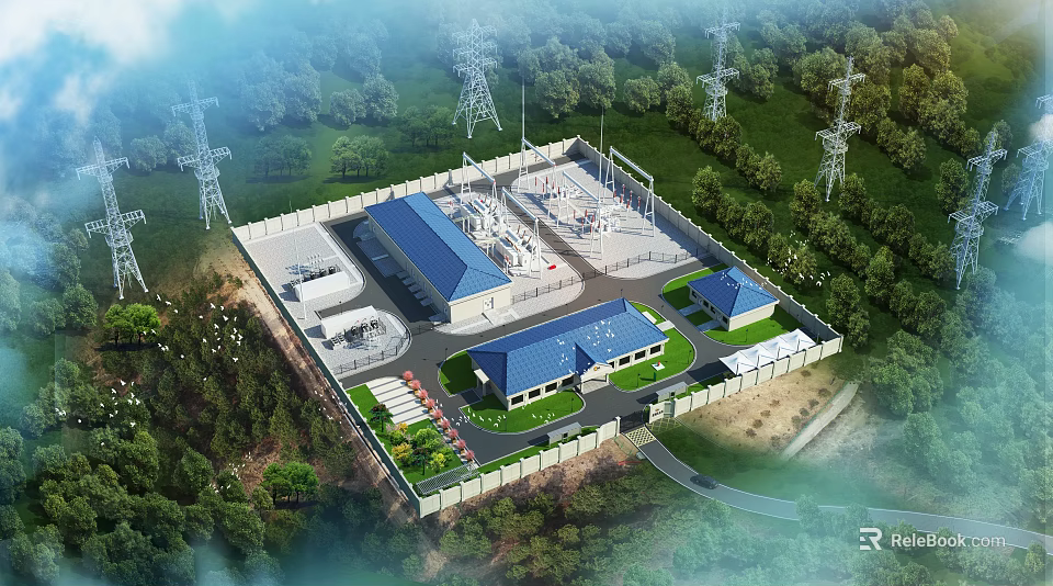 Industrial Plant Complex With Blue Roof Buildings Surrounded By Greenery And Power Towers 3d model 