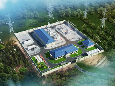Industrial Plant Complex With Blue Roof Buildings Surrounded By Greenery And Power Towers 3d model