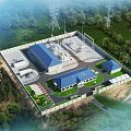 Industrial Plant Complex With Blue Roof Buildings Surrounded By Greenery And Power Towers