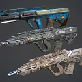Sci Fi Weapons Collection with Blue Green Brown Color Schemes Mechanical Details and Textured Surfaces