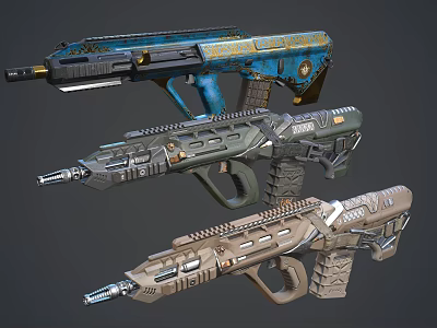Sci Fi Weapons Collection with Blue Green Brown Color Schemes Mechanical Details and Textured Surfaces 3d model