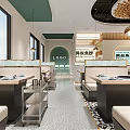 Modern Stylish Restaurant Interior With Booth Seating Wooden Tables Pendant Lights And Patterned Flooring 3d model
