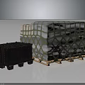 White Large Package Covered With Green Net And Dark Old Wooden Box On Wooden Pallet