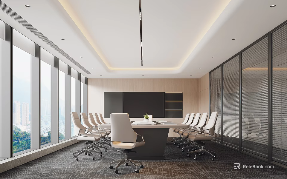 Modern Meeting Room Design With Large Windows White Chairs Conference Table Glass Partitions And Blinds 3d model 