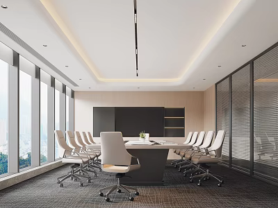 Modern Meeting Room Design With Large Windows White Chairs Conference Table Glass Partitions And Blinds 3d model