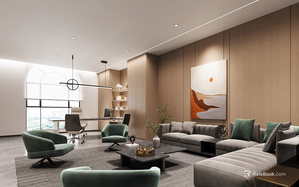 Modern Office Interior Design With Green Chairs Grey Sofa Coffee Table And Artwork 3d model