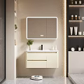 Modern Bathroom Vanity With Framed Mirror Integrated Sink Storage Shelves And Potted Plant