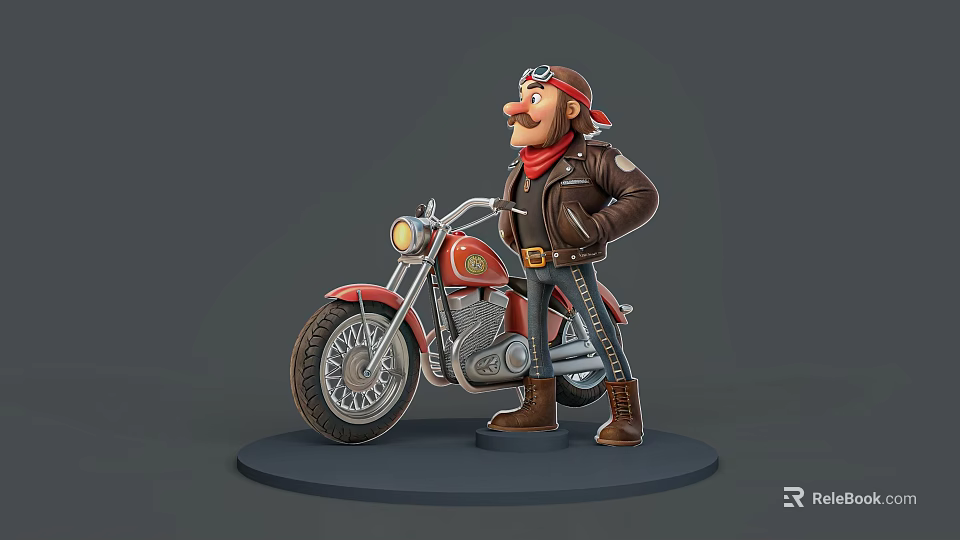 Man In Leather Jacket With Pilot Cap And Red Scarf Standing By Red Vintage Motorcycle 3d model 