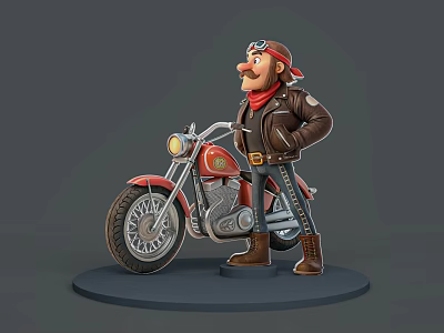 Man In Leather Jacket With Pilot Cap And Red Scarf Standing By Red Vintage Motorcycle 3d model