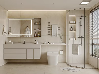 Modern Bathroom Interior With Beige Tiles Large Mirror Vanity Glass Shower And Natural Light 3d model