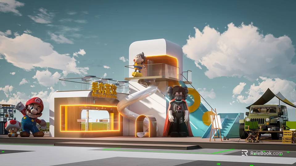 Modern Café Exterior Design With Playful Decor Large Sculptures And Bright Signage 3d model 