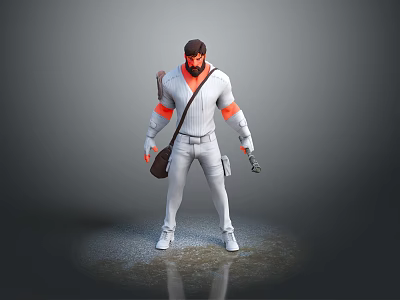 Male Game Movie Character in White Outfit With Orange Sleeves Carrying Bag and Holding Weapon 3d model