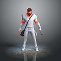 Male Game Movie Character in White Outfit With Orange Sleeves Carrying Bag and Holding Weapon