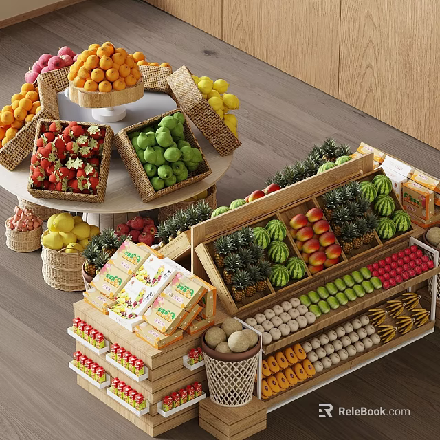 Wooden Fruit Display Shelf With Fresh Strawberries Green Apples Lemons Oranges Watermelons And Packaged Items 3d model 