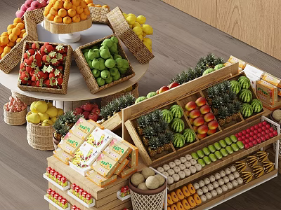 Wooden Fruit Display Shelf With Fresh Strawberries Green Apples Lemons Oranges Watermelons And Packaged Items 3d model