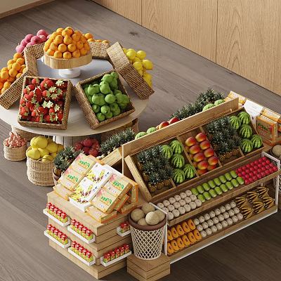 Wooden Fruit Display Shelf With Fresh Strawberries Green Apples Lemons Oranges Watermelons And Packaged Items 3d model